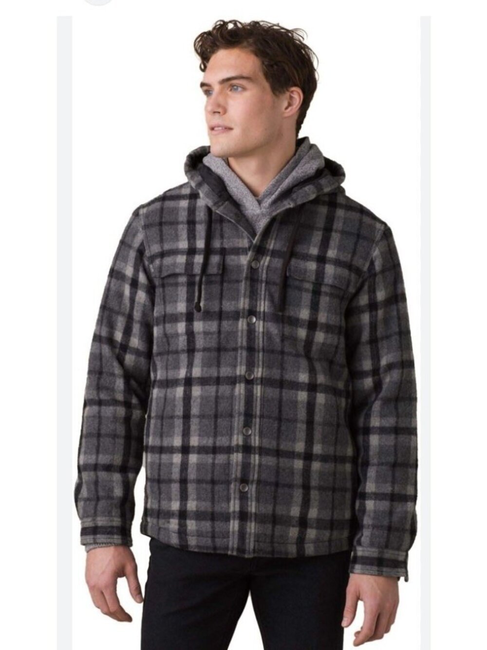 Prana Men's Sz L  Asgard Gray BLack Pld Hooded Flannel Shirt Jacket Quilt Lining